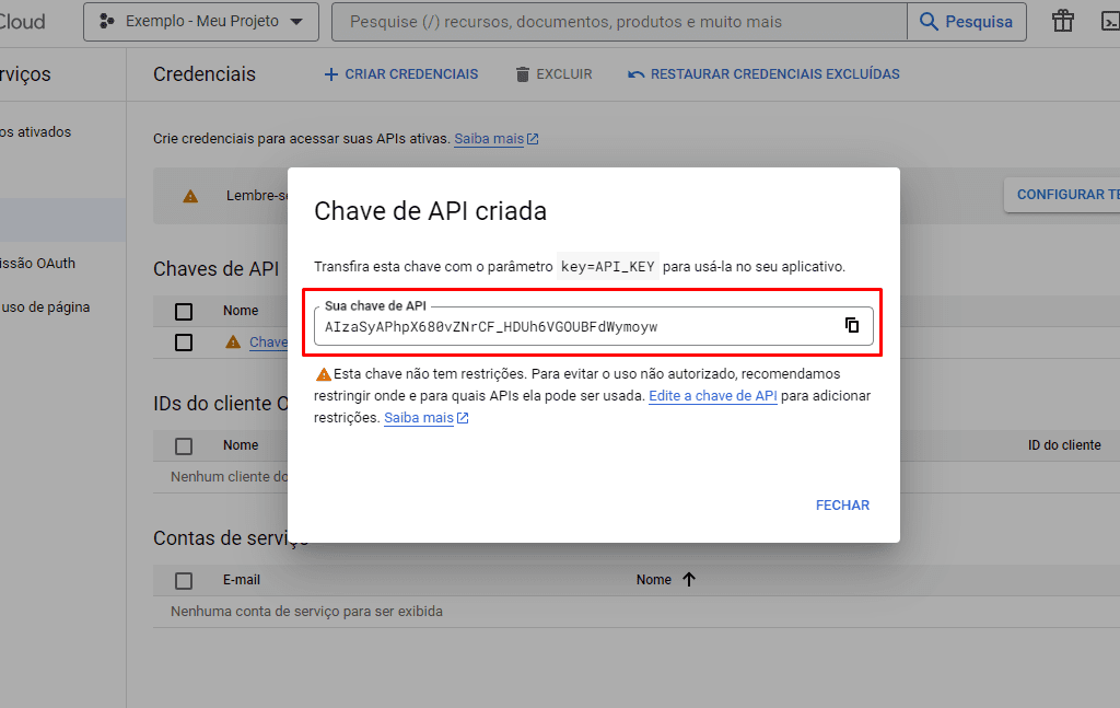 Como obter/criar uma chave API do Google Maps 6 Chave API criada 1024x647 1