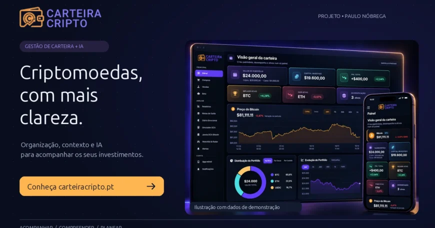 Carteira Cripto: organização e inteligência artificial, com ilustração do painel no computador e telemóvel e dados de demonstração.
